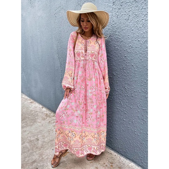 Boho Floral Print Tie Neck long sleeve Smock Dress maxi pink - Picture 4 of 8